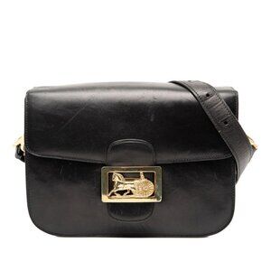 Celine Carriage Logo Black Gold Leather Shoulder Bag